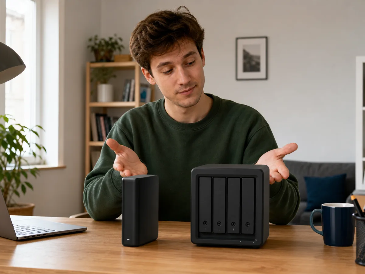 Illustration comparant un NAS et un disque dur externe pour sauvegarder ses fichiers