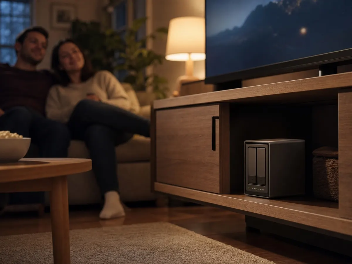 Illustration d'un NAS deux baies installé dans la niche ouverte d'un meuble de télévision