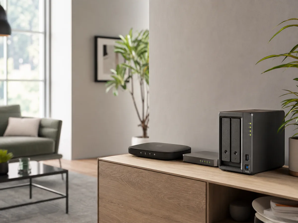 Illustration d'un NAS relié à une box Internet rapide dans un appartement