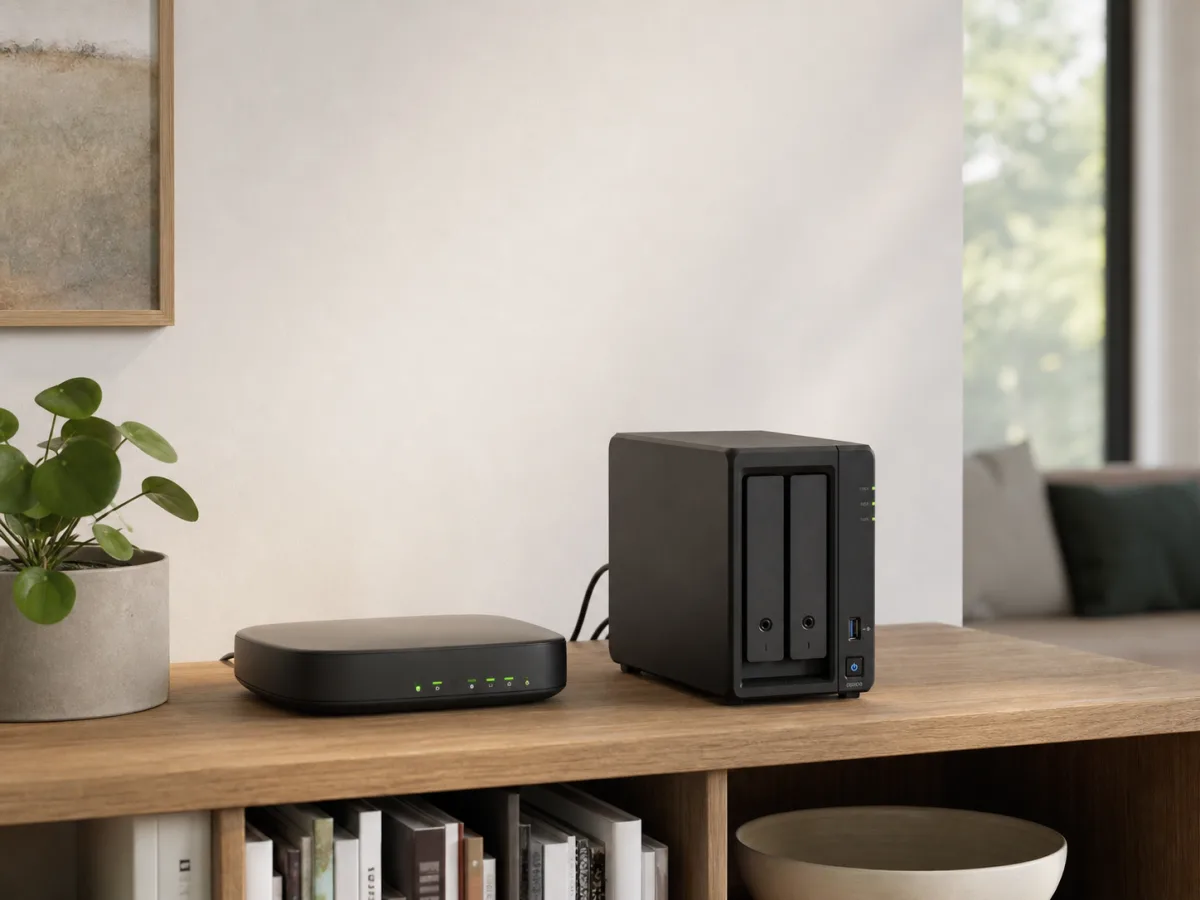 Illustration d'un NAS installé à côté d'une box Internet domestique
