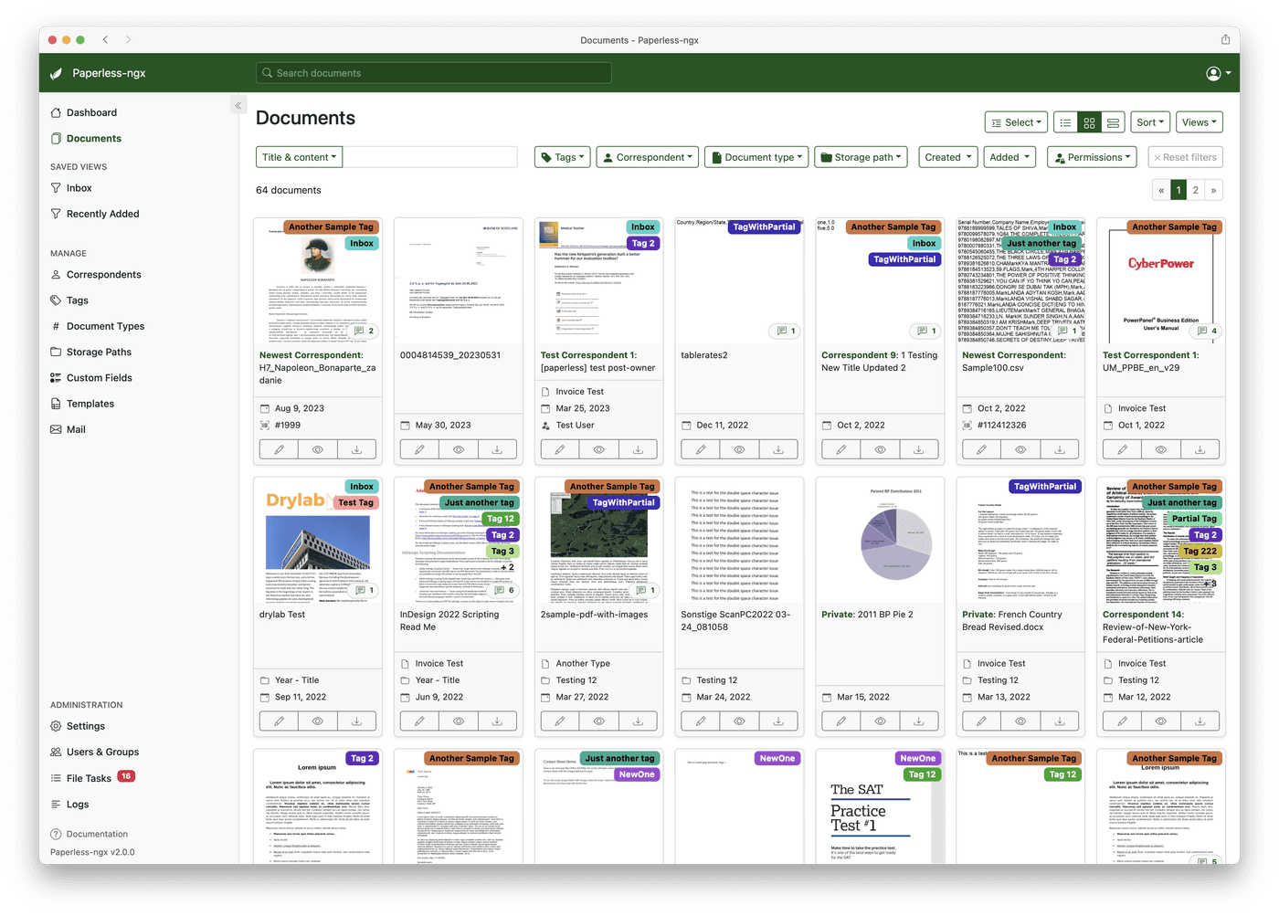 Paperless-ngx — Liste de documents dans Paperless-ngx avec filtres, correspondants et types.