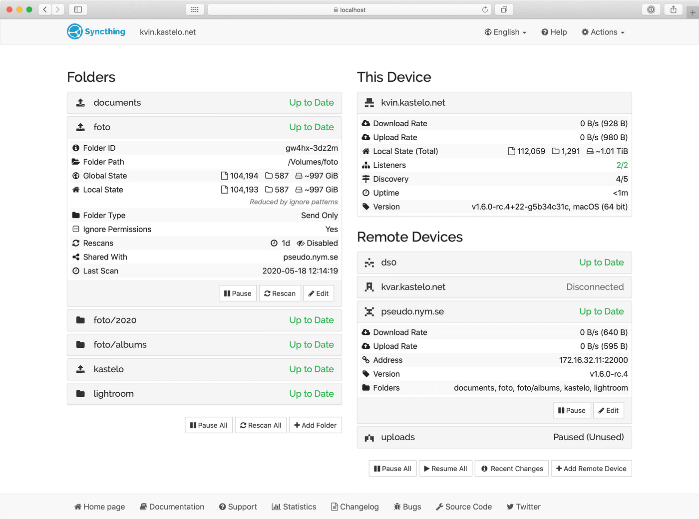 Syncthing — Interface web Syncthing : appareils reliés, dossiers synchronisés et état des transferts.