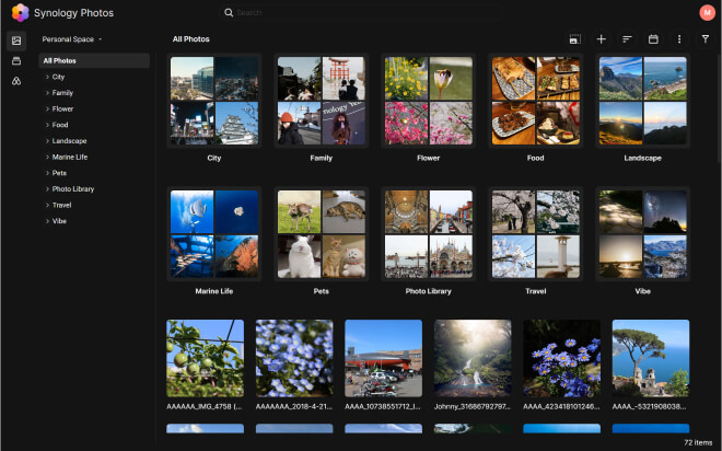 Synology Photos — Bibliothèque Synology Photos dans le navigateur : albums et dossiers visibles dans l’interface complète.