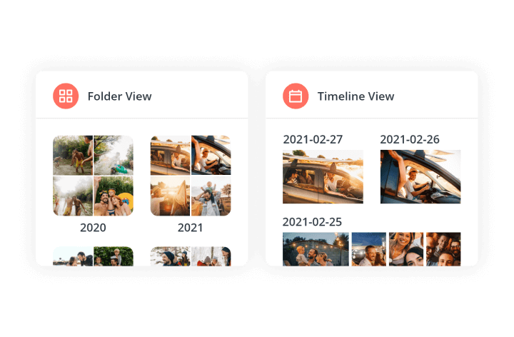 Synology Photos — Les deux modes de navigation officiels : vue par dossiers et chronologie.
