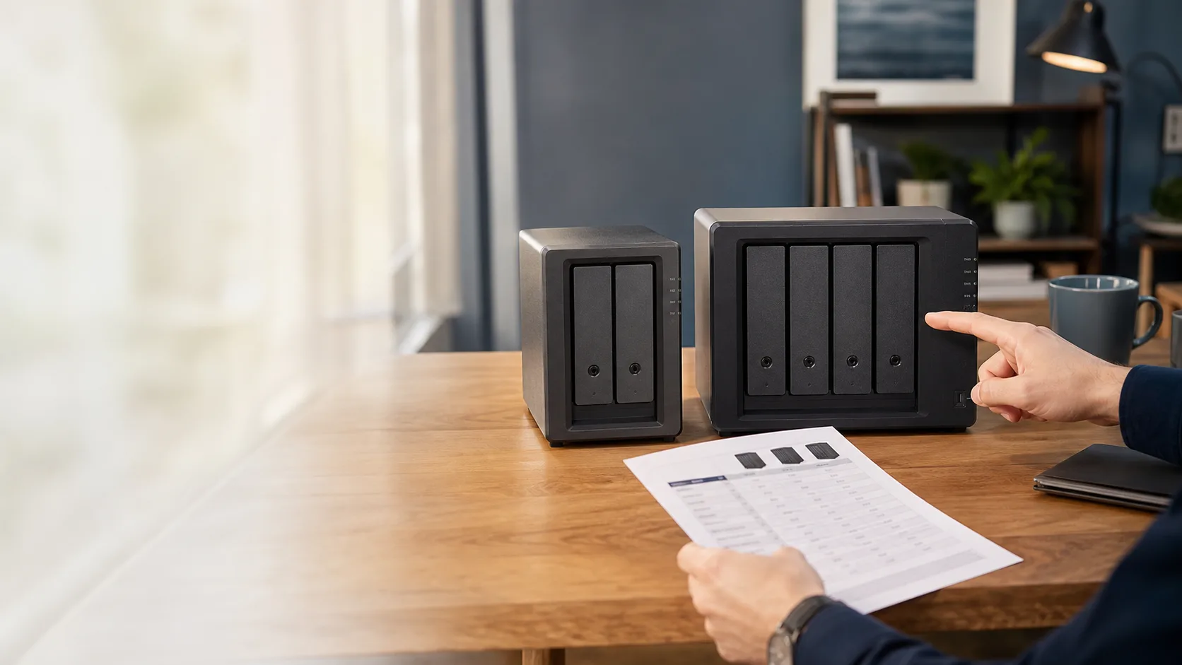 Deux NAS, un deux baies et un quatre baies, compares sur un bureau