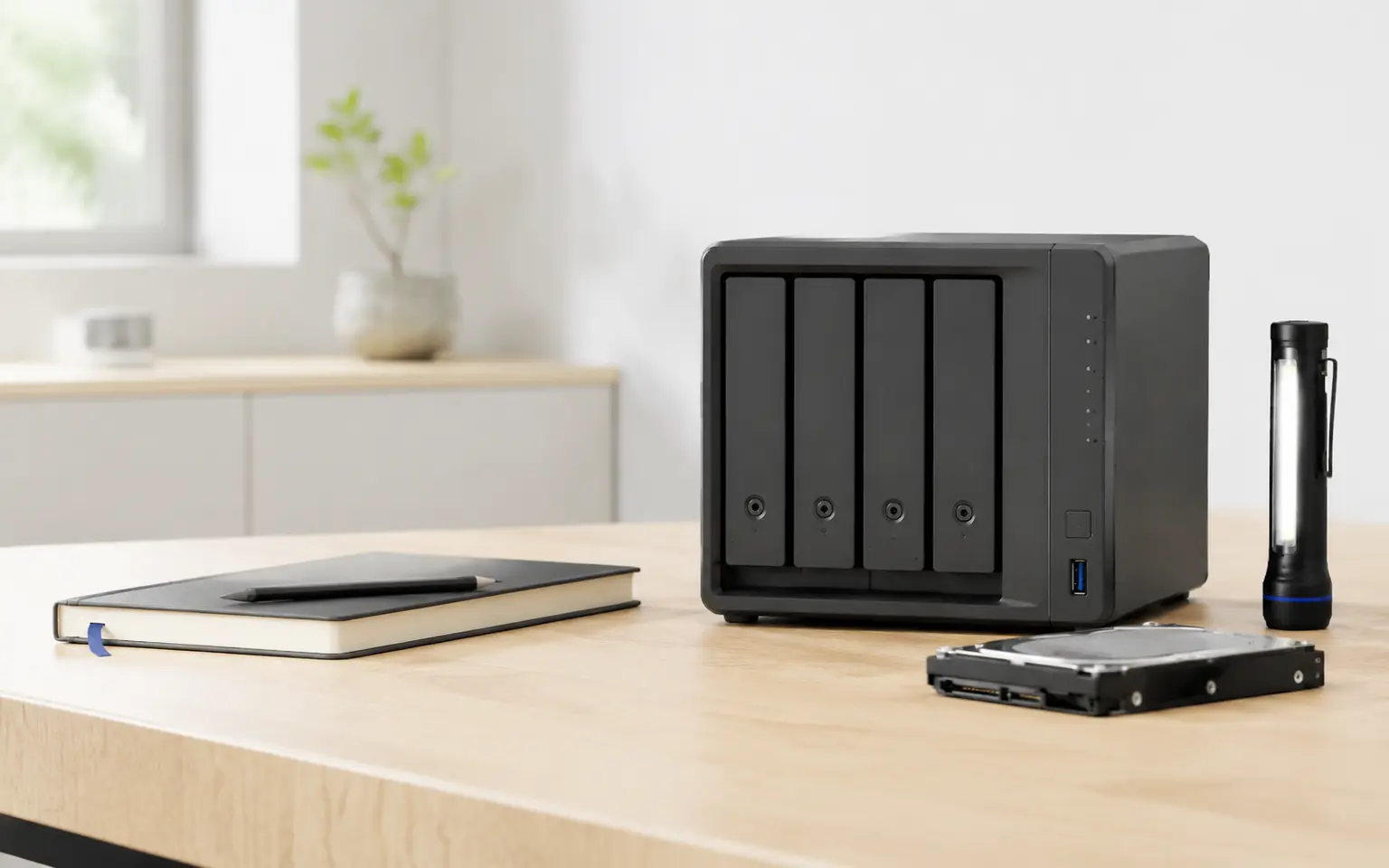 Un NAS, un disque dur et un carnet disposés pour une vérification méthodique