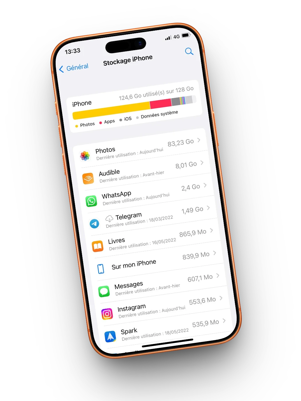 iPhone affichant l'écran de stockage : 124,6 Go utilisés sur 128 Go