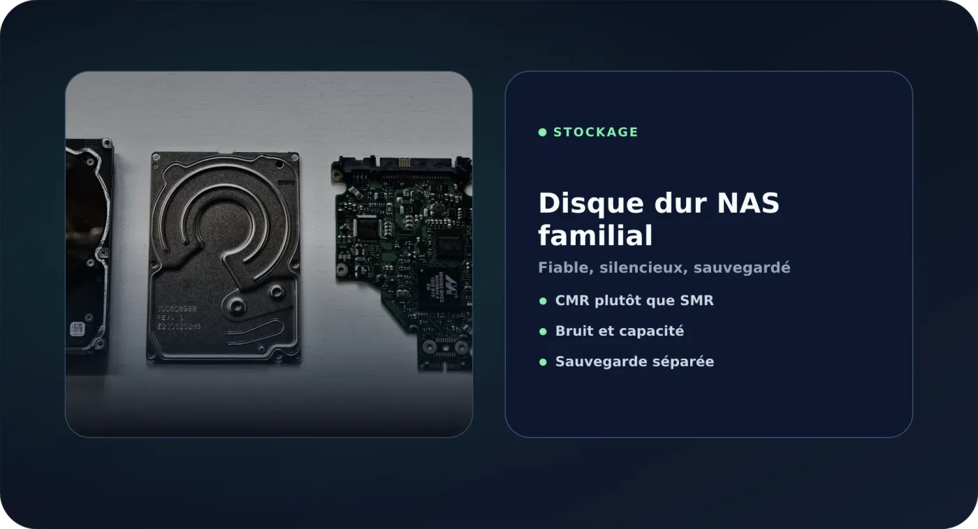 Photo d'un disque dur NAS illustrant le choix d'un disque familial (CMR, bruit, capacité).