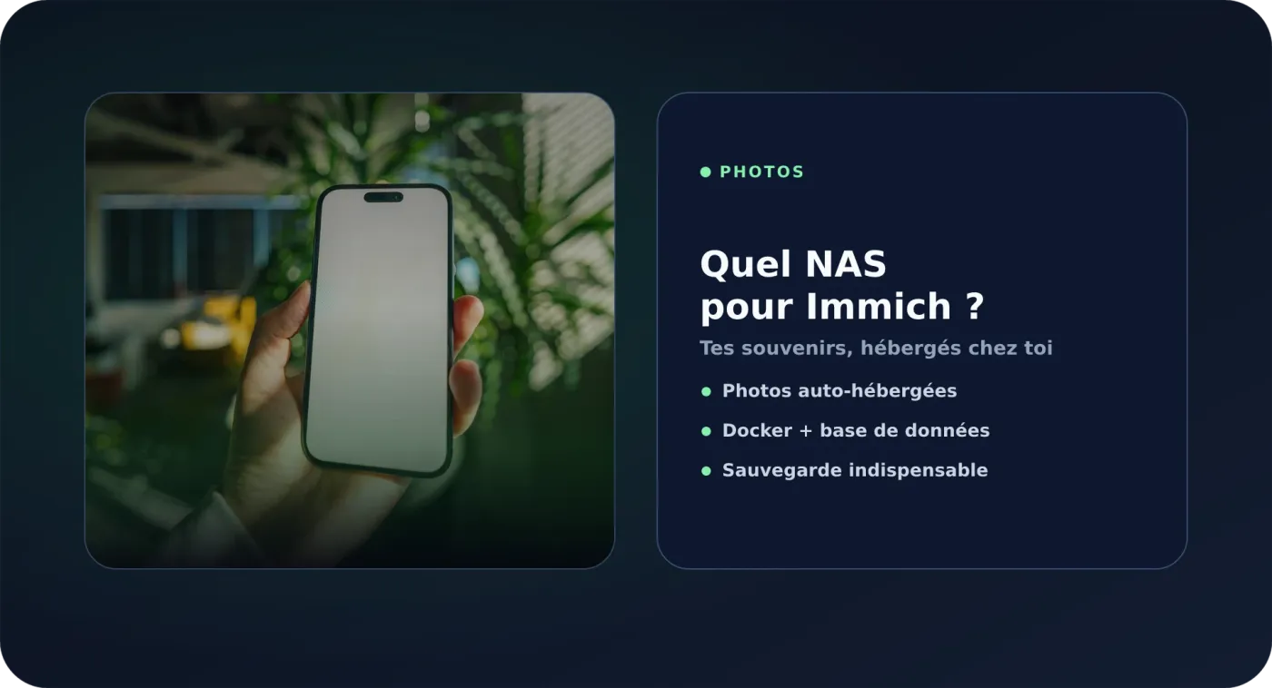 Photo d'un téléphone illustrant des photos auto-hébergées avec Immich sur un NAS.