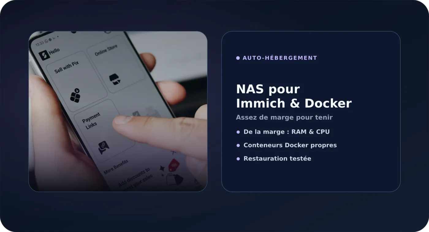 Photo d'un téléphone et d'applications illustrant un NAS taillé pour Immich et Docker.