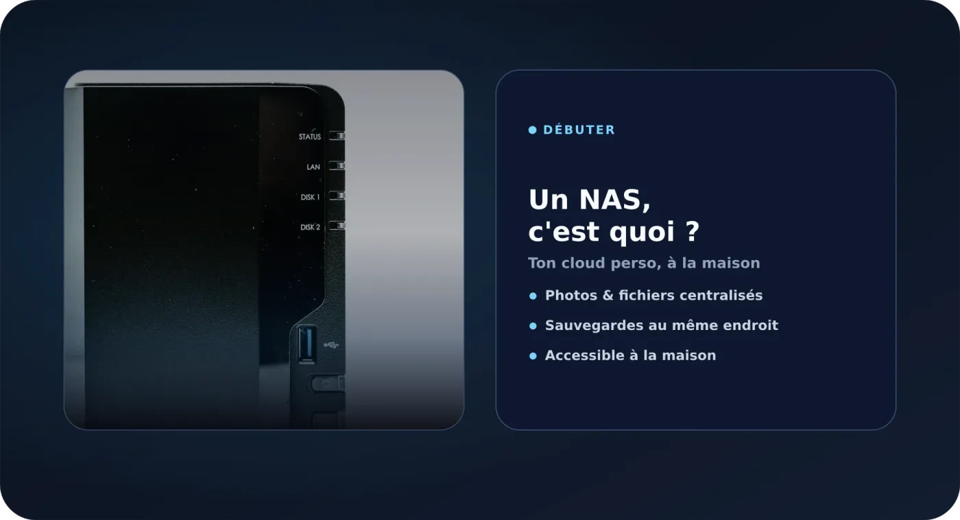 Photo d'un NAS 2 baies sans marque, illustrant un espace de stockage personnel à la maison.