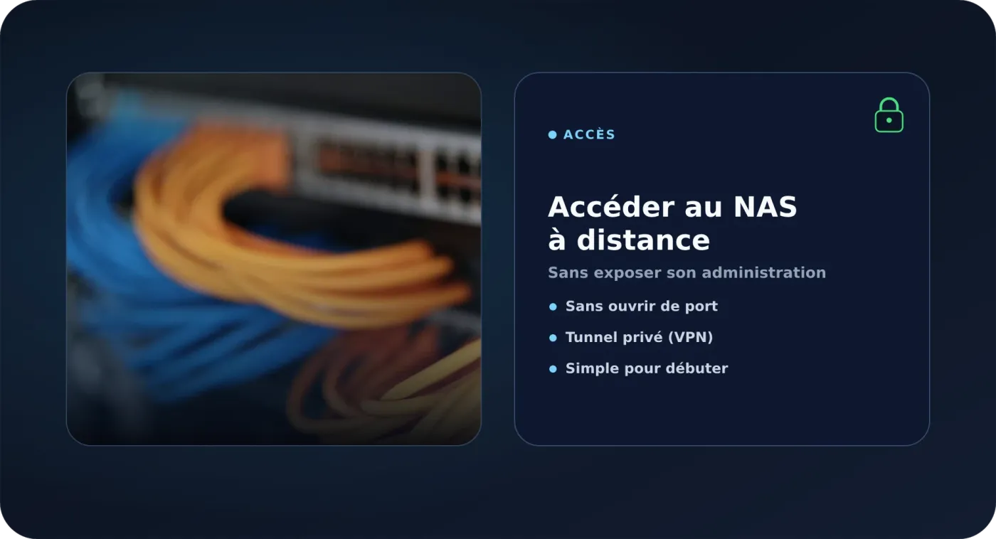 Photo d'accès distant sécurisé entre un téléphone, un tunnel privé et un NAS.